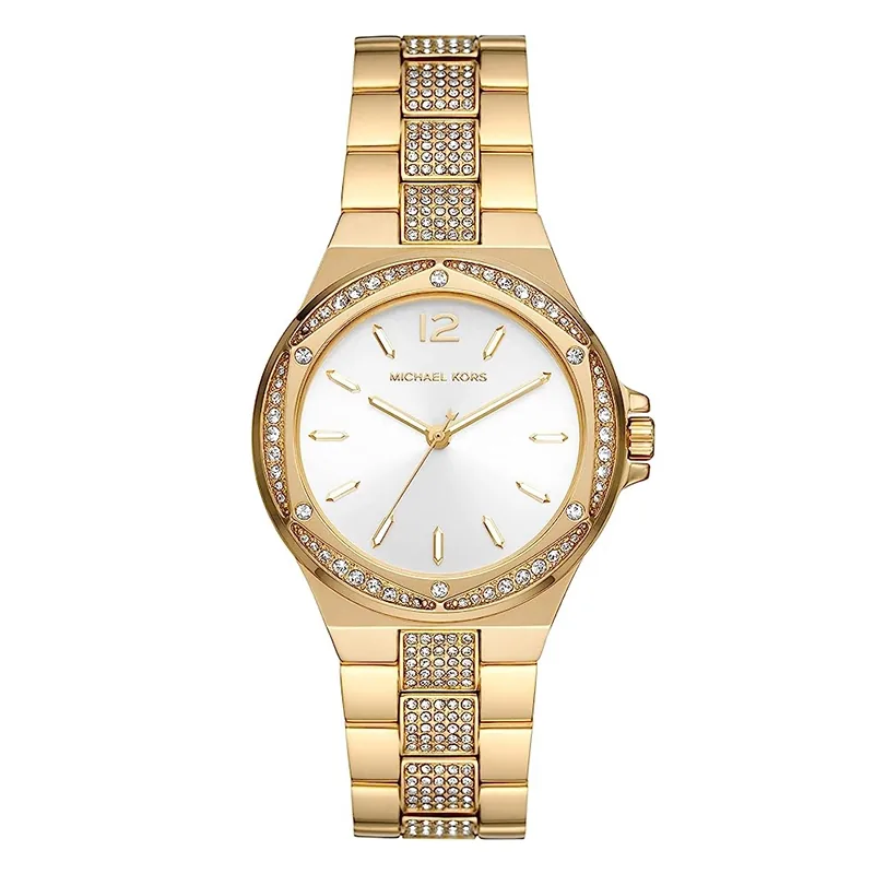 Reloj Mkors analogo, para Dama, tablero redondo color plateado, estilo index + arabigo, pulso acero color dorado