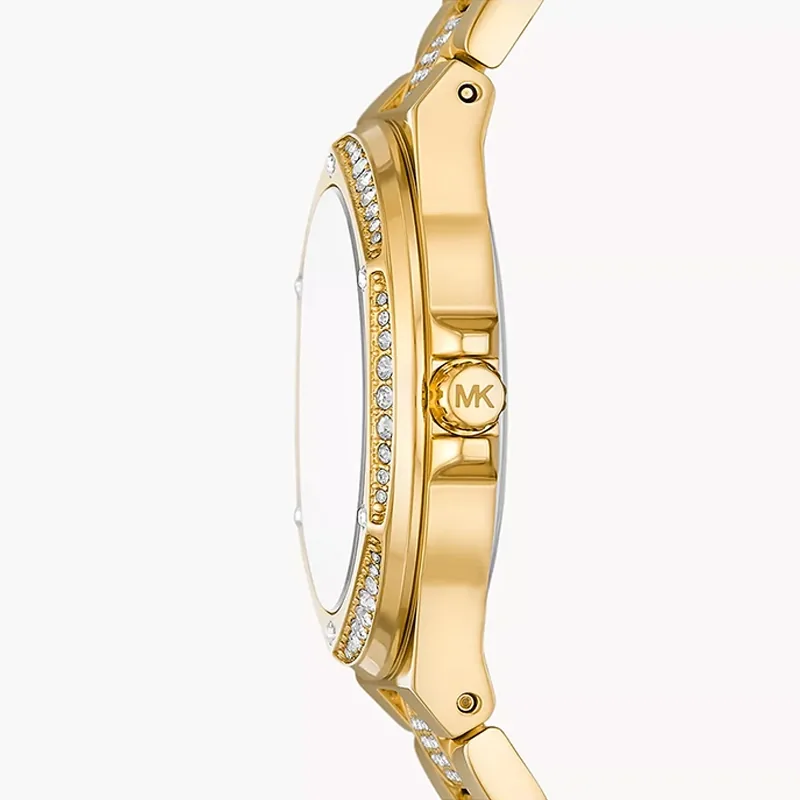 Reloj Mkors analogo, para Dama, tablero redondo color plateado, estilo index + arabigo, pulso acero color dorado