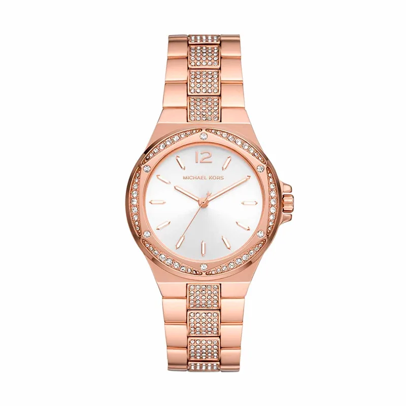 Reloj Mkors analogo, para Dama, tablero redondo color plateado, estilo index + arabigo, pulso acero color rosa