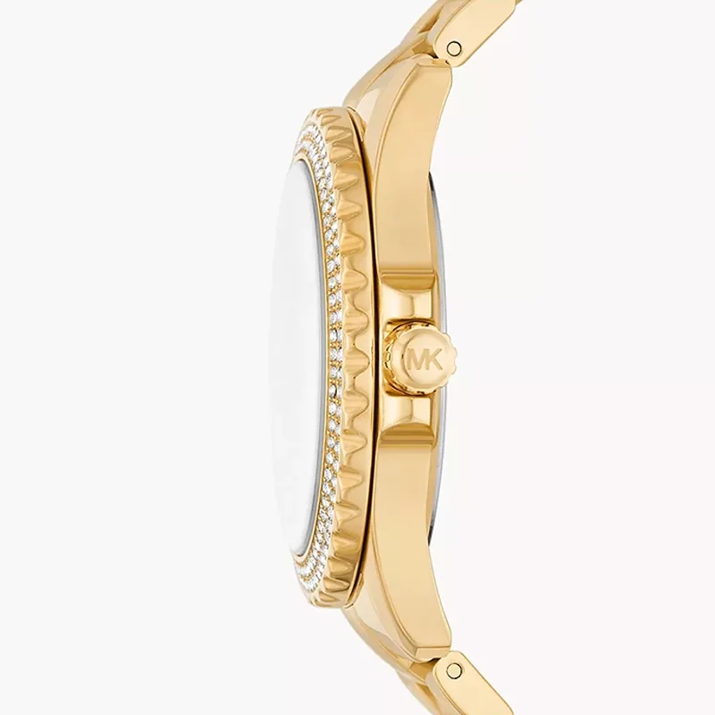 Reloj Mkors analogo, para Dama, tablero redondo color blanco, estilo index + romano, pulso acero color dorado