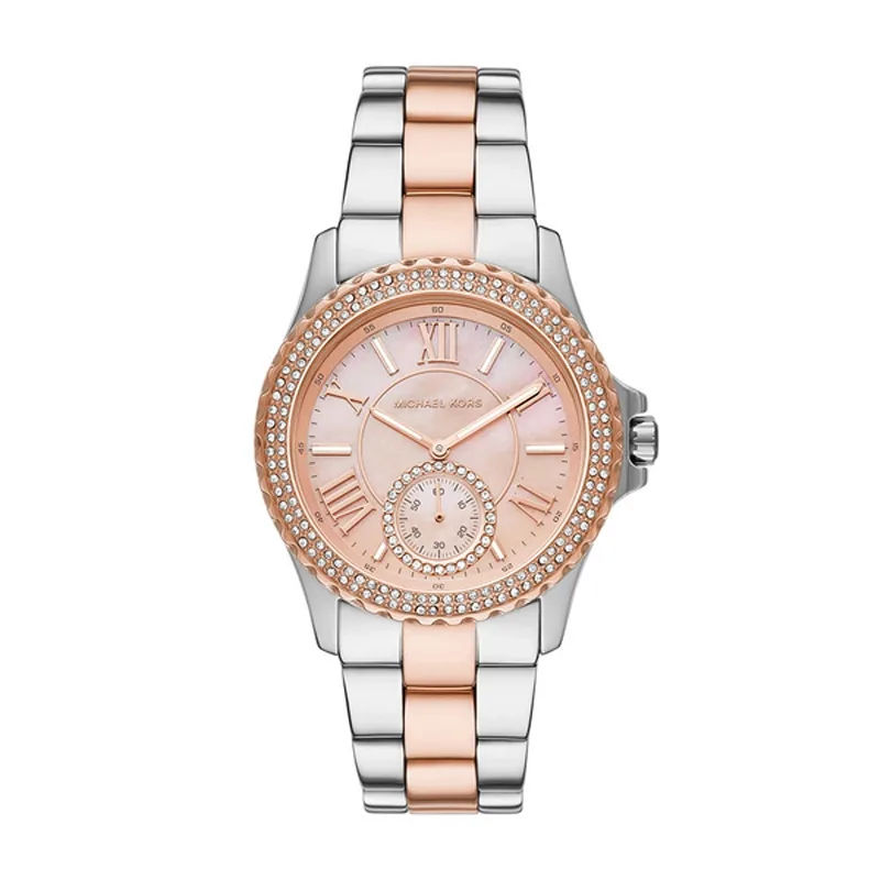 Reloj Mkors analogo, para Dama, tablero redondo color rosado, estilo index + romano, pulso acero colores plateado y rosa