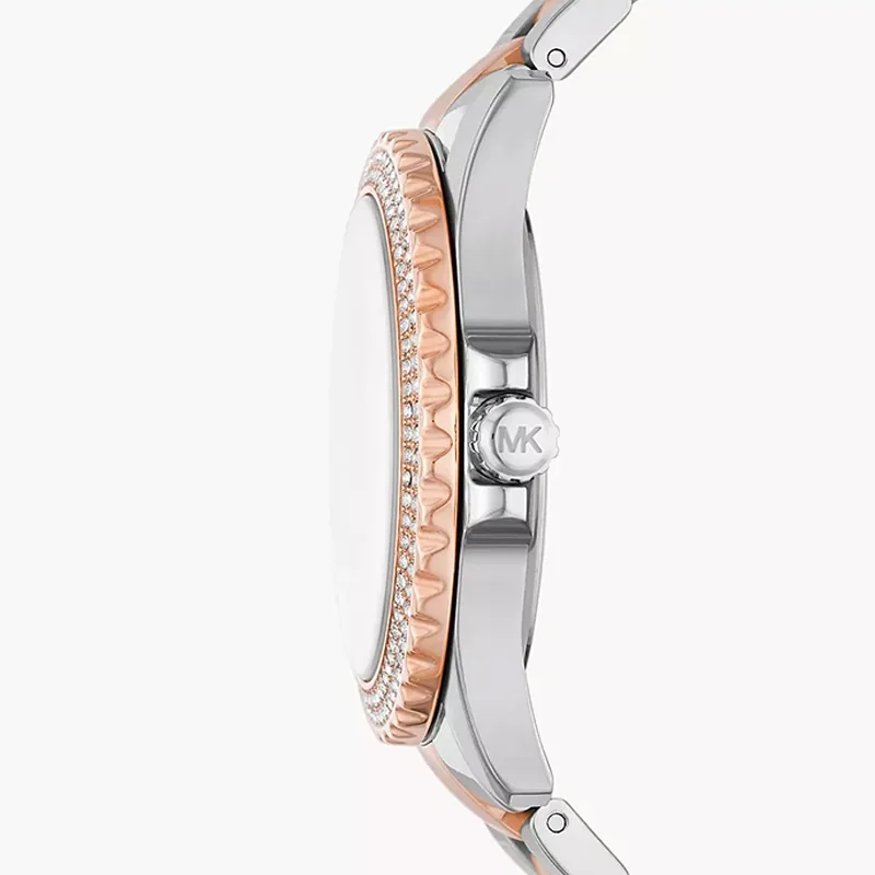 Reloj Mkors analogo, para Dama, tablero redondo color rosado, estilo index + romano, pulso acero colores plateado y rosa