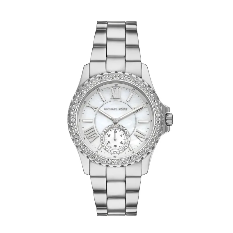 Reloj Mkors analogo, para Dama, tablero redondo color blanco, estilo index + romano, pulso acero color plateado
