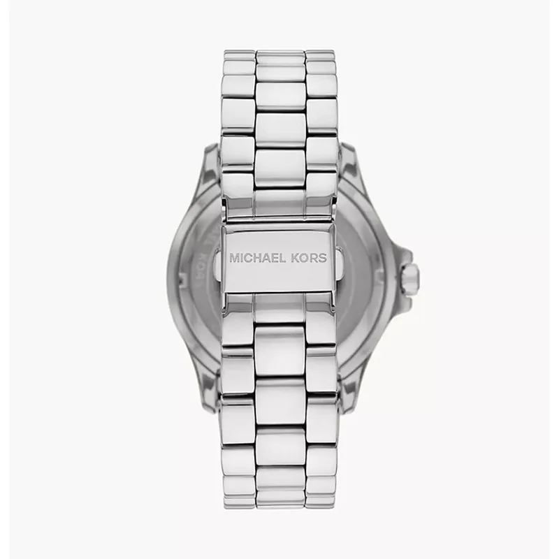 Reloj Mkors analogo, para Dama, tablero redondo color blanco, estilo index + romano, pulso acero color plateado