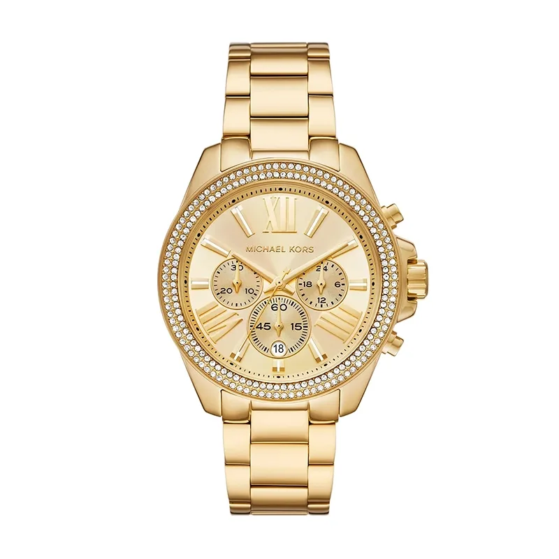 Reloj Mkors analogo, para Dama, tablero redondo color dorado, estilo index + romano, pulso acero color dorado, calendario, cronografo