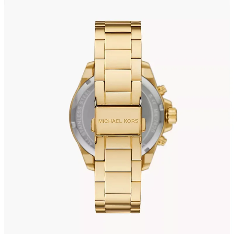 Reloj Mkors analogo, para Dama, tablero redondo color dorado, estilo index + romano, pulso acero color dorado, calendario, cronografo