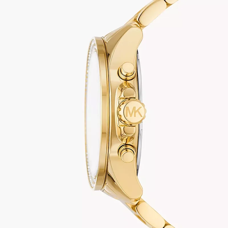 Reloj Mkors analogo, para Dama, tablero redondo color dorado, estilo index + romano, pulso acero color dorado, calendario, cronografo