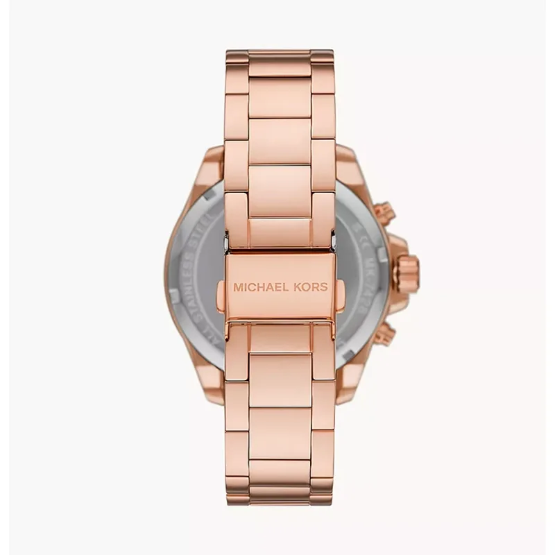 Reloj Mkors analogo, para Dama, tablero redondo color rosa, estilo index + romano, pulso acero color rosa, calendario, cronografo