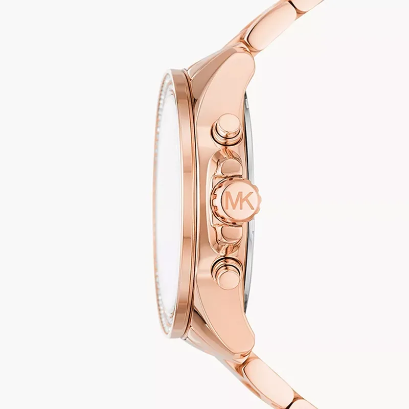 Reloj Mkors analogo, para Dama, tablero redondo color rosa, estilo index + romano, pulso acero color rosa, calendario, cronografo