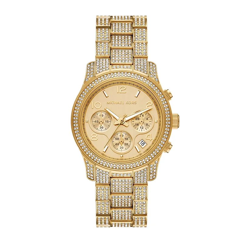 Reloj Mkors analogo, para Dama, tablero redondo color dorado, estilo index + arabigo, pulso acero color dorado, calendario, cronografo