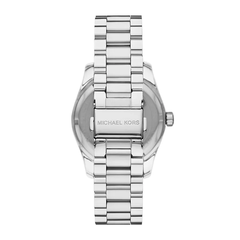 Reloj Mkors analogo, para Dama, tablero redondo color rosado, estilo puntos, pulso acero color plateado