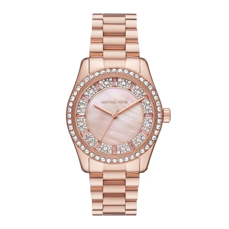 Reloj Mkors analogo, para Dama, tablero redondo color rosado, estilo index, pulso acero color rosa