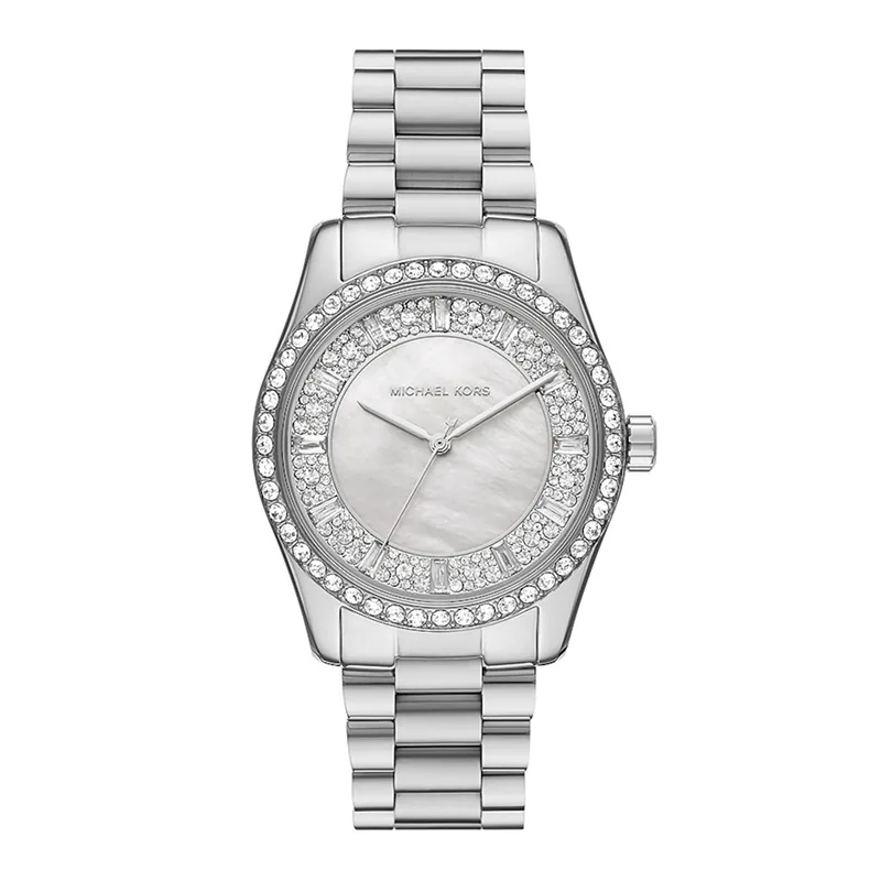 Reloj Mkors analogo, para Dama, tablero redondo color blanco, estilo index, pulso acero color plateado