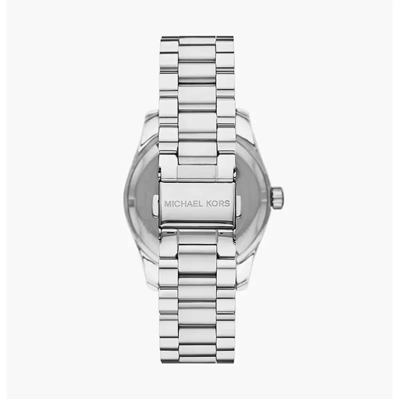 Reloj Mkors analogo, para Dama, tablero redondo color blanco, estilo index, pulso acero color plateado