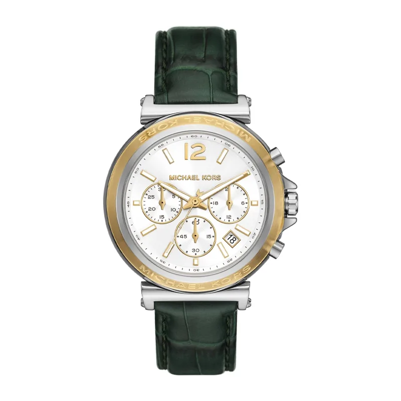 Reloj Mkors analogo, para Dama, tablero redondo colores blanco y dorado, estilo index + arabigo, pulso cuero color verde, calendario, cronografo