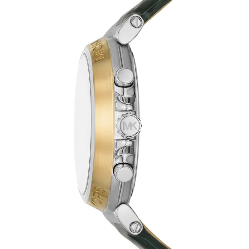 Reloj Mkors analogo, para Dama, tablero redondo colores blanco y dorado, estilo index + arabigo, pulso cuero color verde, calendario, cronografo