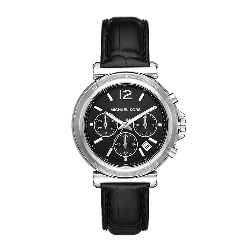 Reloj Mkors analogo, para Dama, tablero redondo colores negro y blanco, estilo index + arabigo, pulso cuero color negro, calendario, cronografo