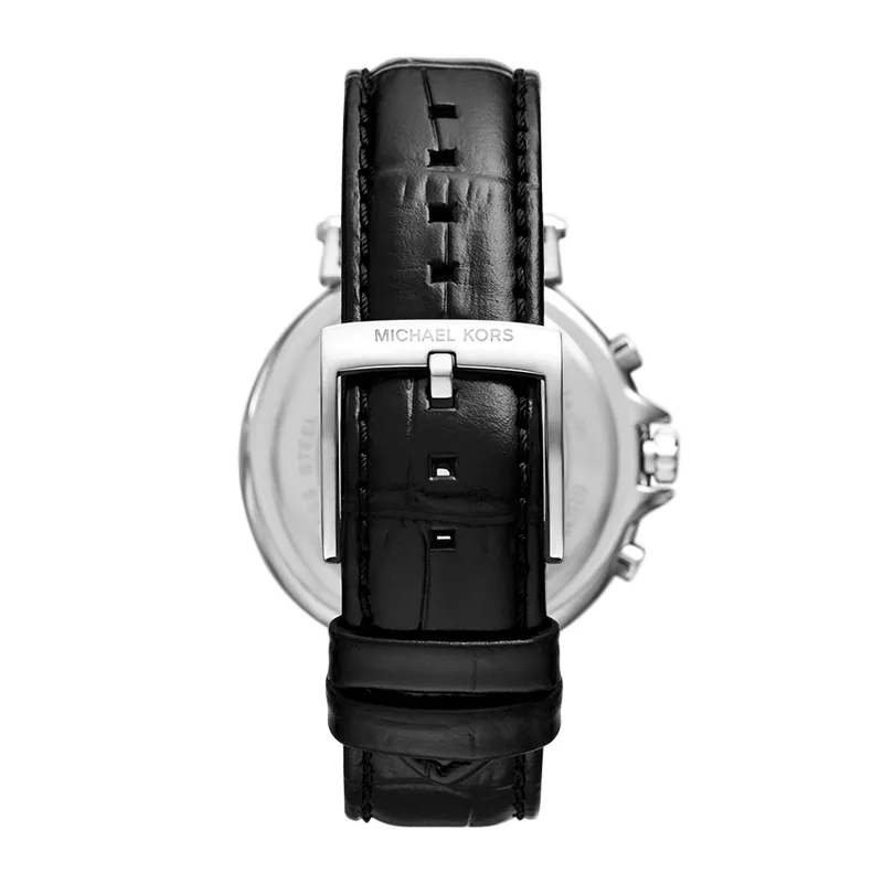 Reloj Mkors analogo, para Dama, tablero redondo colores negro y blanco, estilo index + arabigo, pulso cuero color negro, calendario, cronografo