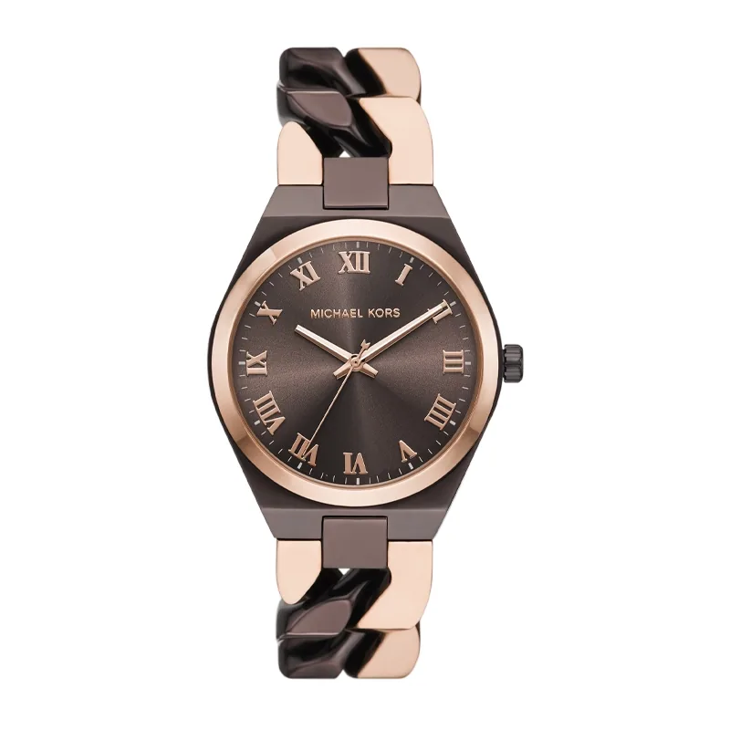 Reloj Mkors analogo, para Dama, tablero redondo colores café y rosa, estilo romanos, pulso acero colores rosa y café