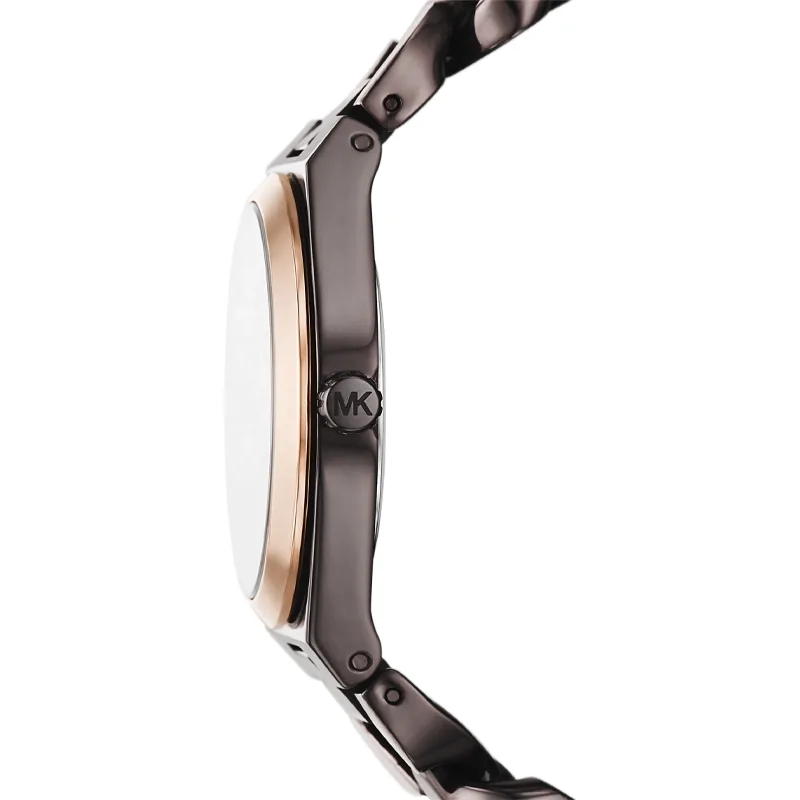 Reloj Mkors analogo, para Dama, tablero redondo colores café y rosa, estilo romanos, pulso acero colores rosa y café