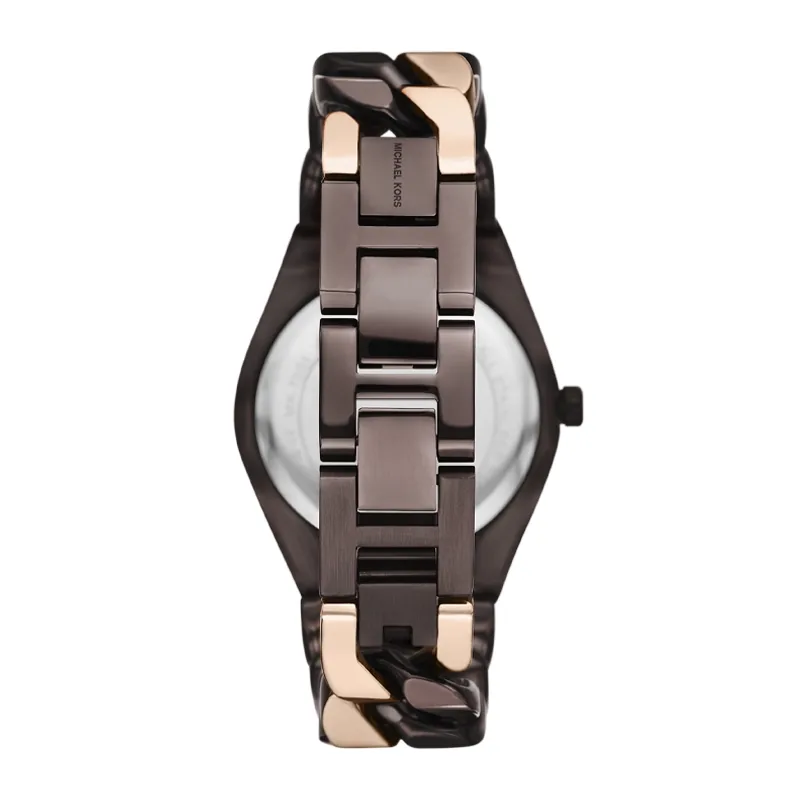Reloj Mkors analogo, para Dama, tablero redondo colores café y rosa, estilo romanos, pulso acero colores rosa y café