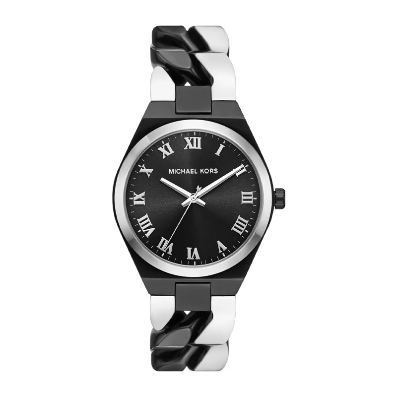 Reloj Mkors analogo, para Dama, tablero redondo colores negro y plateado, estilo romanos, pulso acero colores negro y plateado