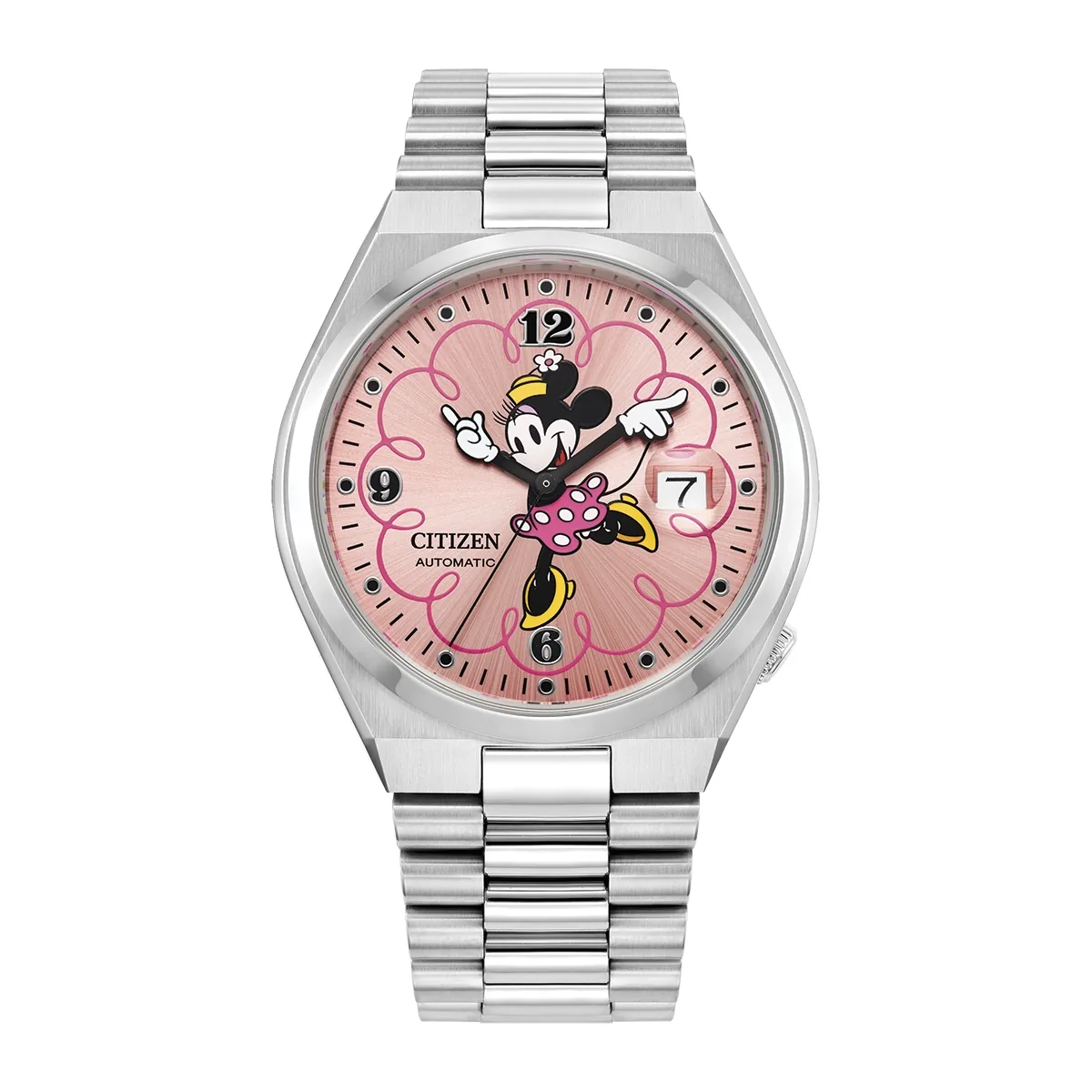 Reloj Citizen análogo, para Dama, tablero redondo color rosado, estilo puntos + arábigo, pulso acero color plateado, calendario