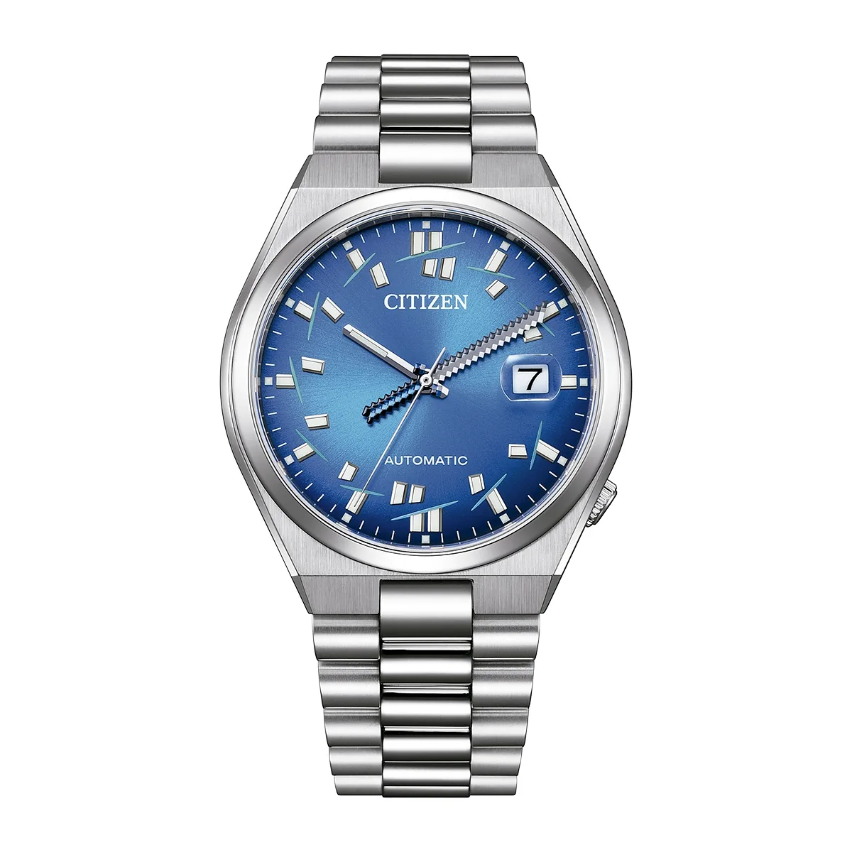 Reloj Citizen análogo, para Hombre, tablero redondo color azul, estilo index, pulso acero color plateado, calendario
