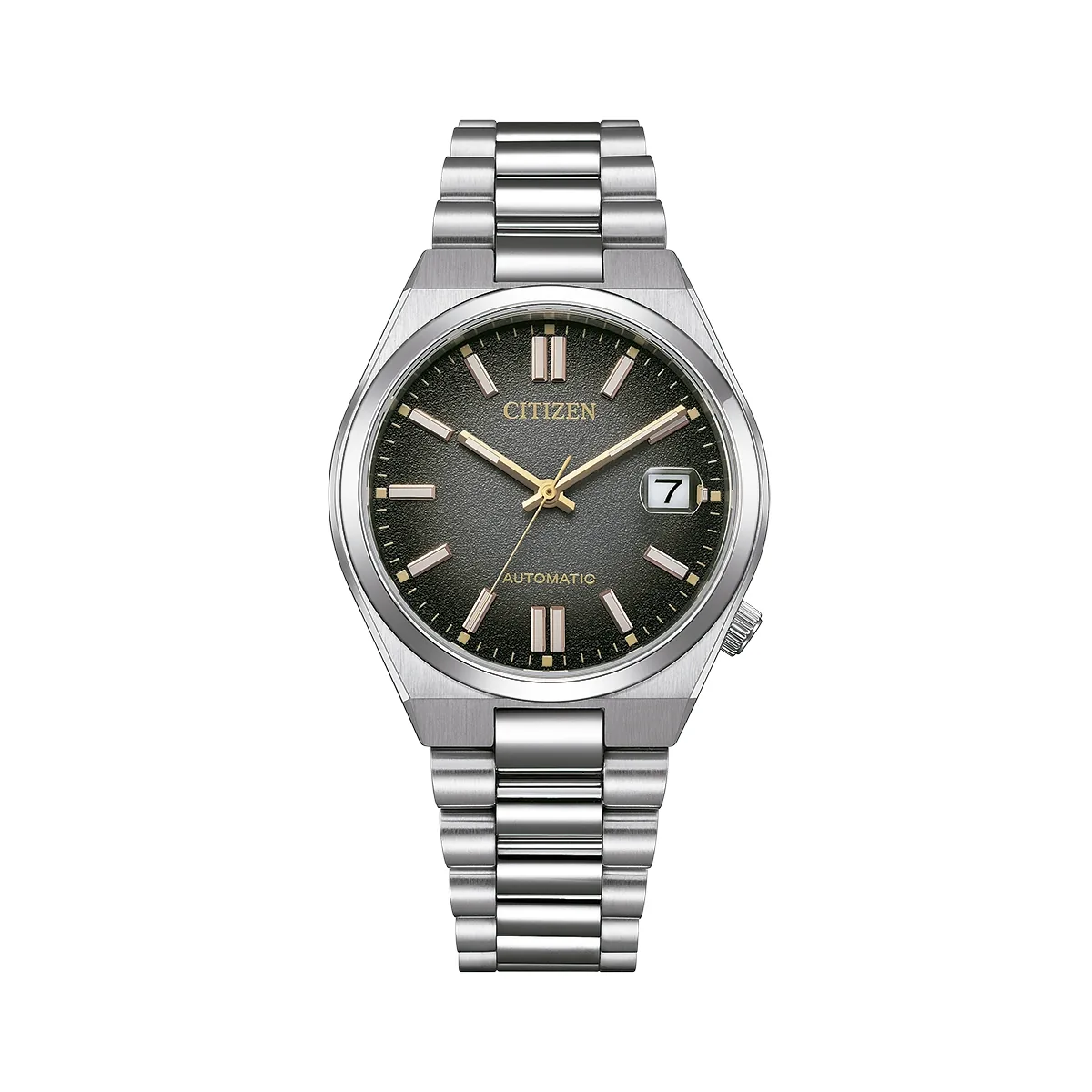 Reloj Citizen análogo, Unisex, tablero redondo color negro, estilo index, pulso acero color plateado