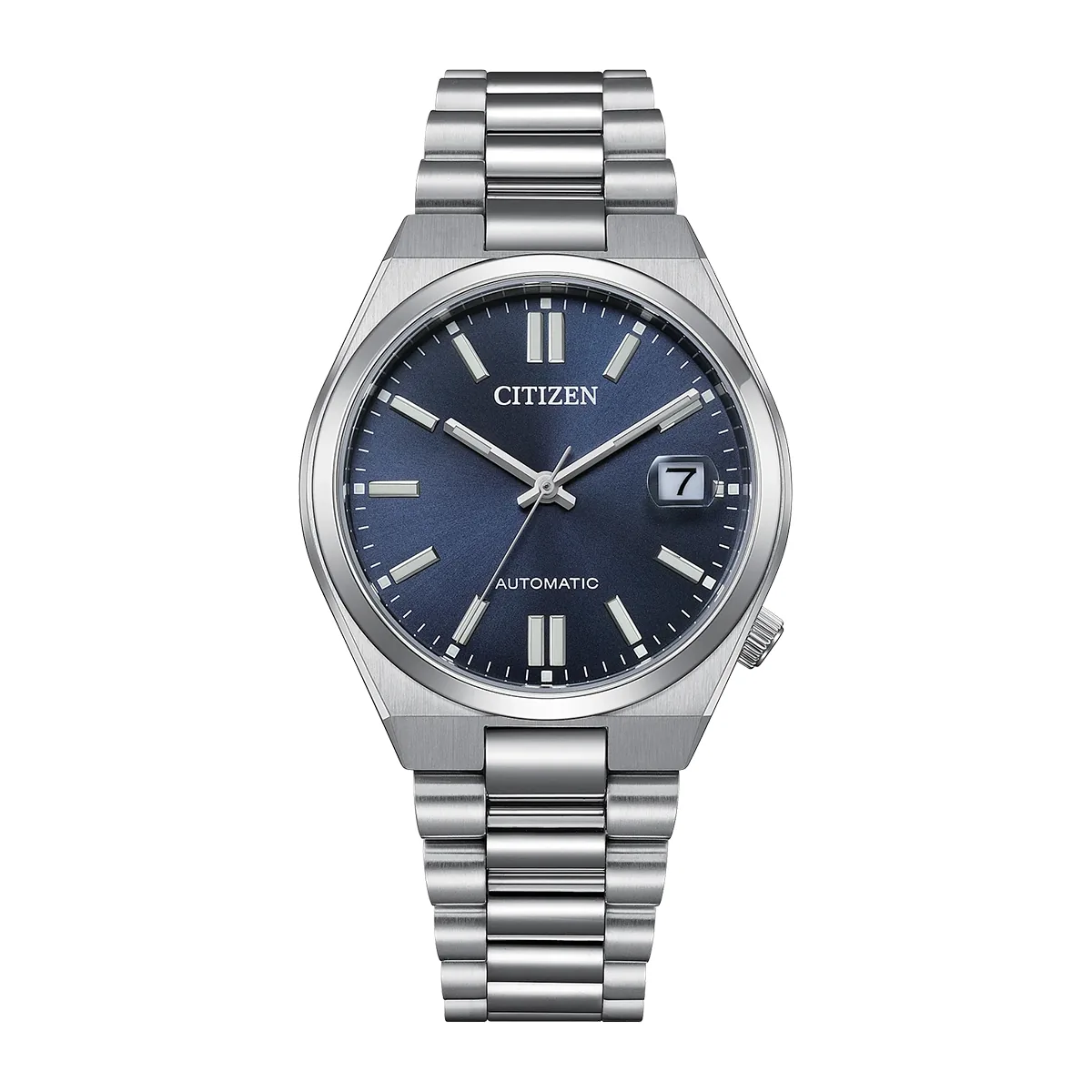 Reloj Citizen análogo, para Hombre, tablero redondo color azul, estilo index, pulso acero color plateado, calendario