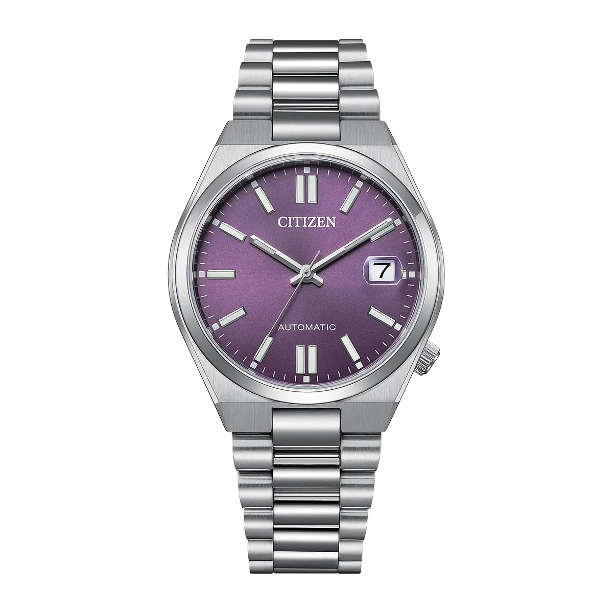 Reloj Citizen análogo, Unisex, tablero redondo color morado, estilo index, pulso acero color plateado, calendario