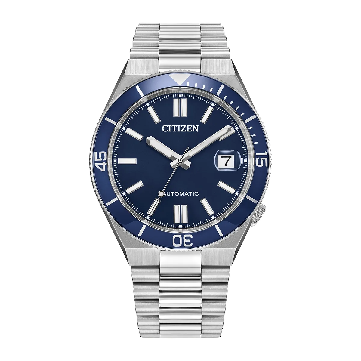 Reloj Citizen análogo, para Hombre, tablero redondo color azul, estilo index, pulso acero color plateado, calendario