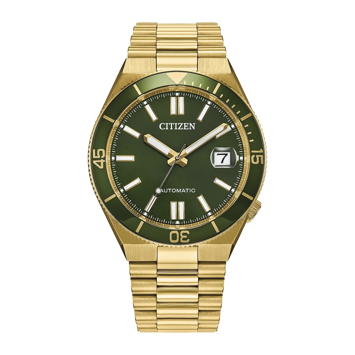 Reloj Citizen análogo, para Hombre, tablero redondo color verde, estilo index, pulso acero color dorado, calendario
