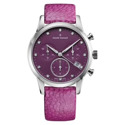Reloj Claude bernard analogo, para Dama, tablero redondo color morado, estilo puntos, pulso cuero color rosado, calendario, cronografo