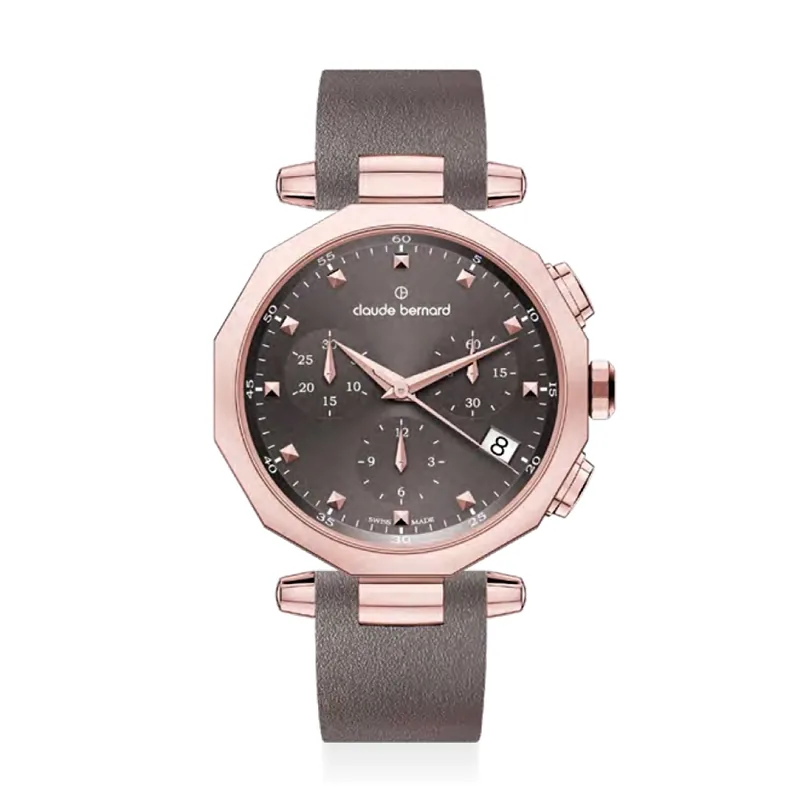 Reloj Claude bernard analogo, para Dama, tablero redondo colores café y rosa, estilo puntos, pulso cuero color café, calendario, cronografo