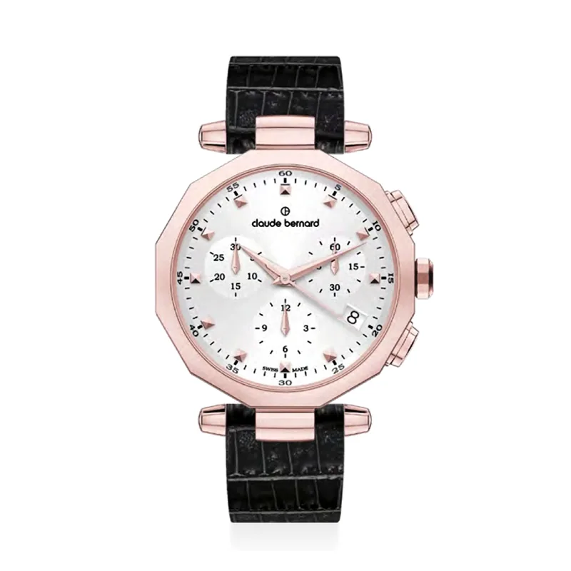Reloj Claude bernard analogo, para Dama, tablero redondo colores plateado y rosa, estilo puntos, pulso cuero color negro, calendario, cronografo