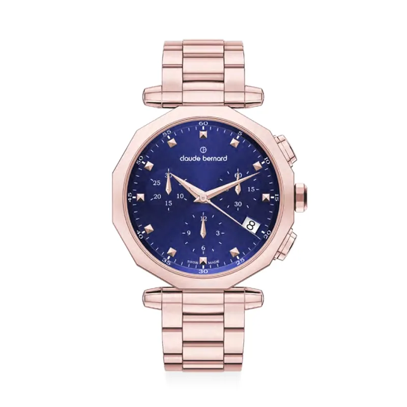 Reloj Claude bernard análogo, para Dama, tablero redondo colores azul y rosa, estilo puntos, pulso acero color rosa, calendario, cronografo
