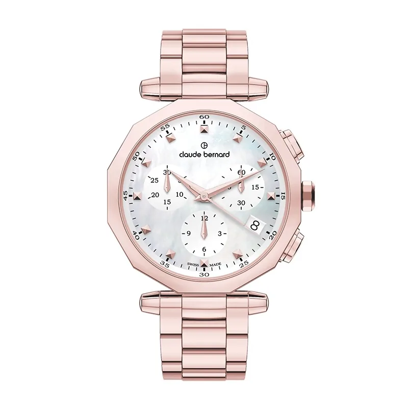 Reloj Claude bernard análogo, para Dama, tablero redondo colores blanco y rosa, estilo puntos, pulso acero color rosa, calendario, cronografo