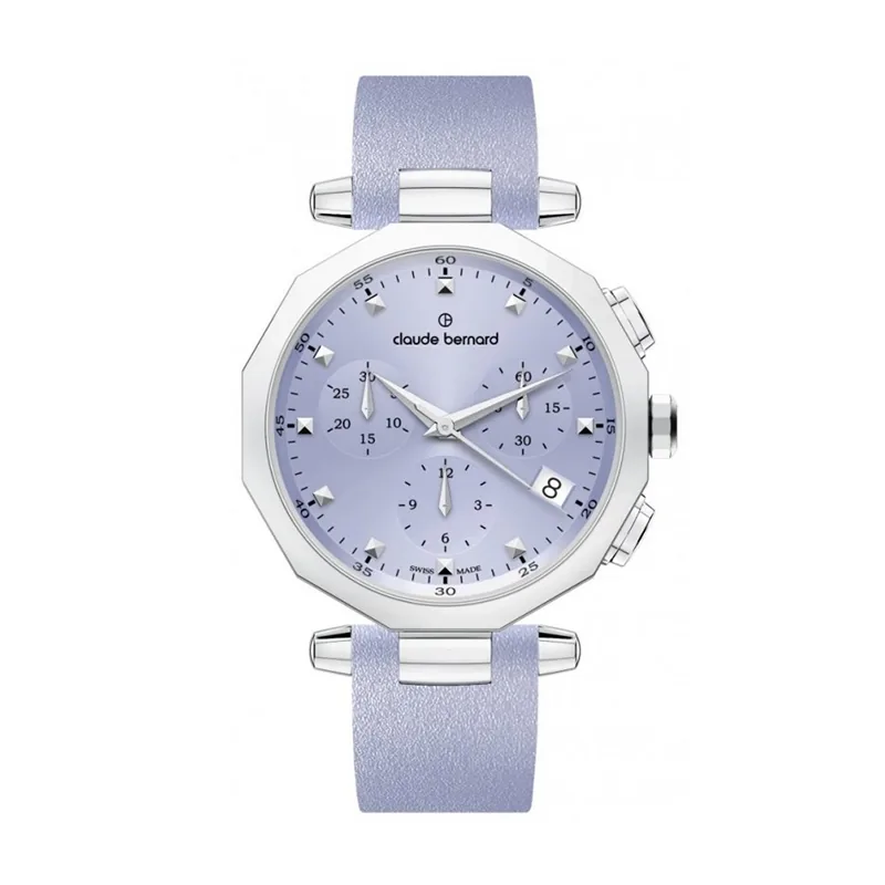 Reloj Claude bernard analogo, para Dama, tablero redondo color morado, estilo puntos, pulso cuero color morado, calendario, cronografo