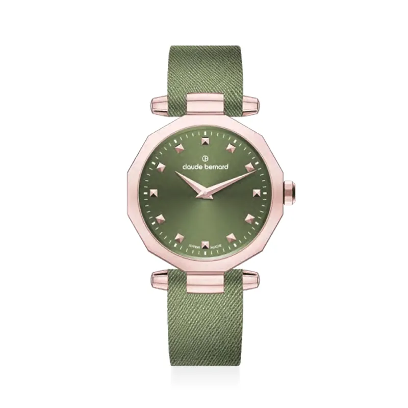 Reloj Claude bernard analogo, para Dama, tablero redondo colores verde y rosa, estilo puntos, pulso cuero color verde