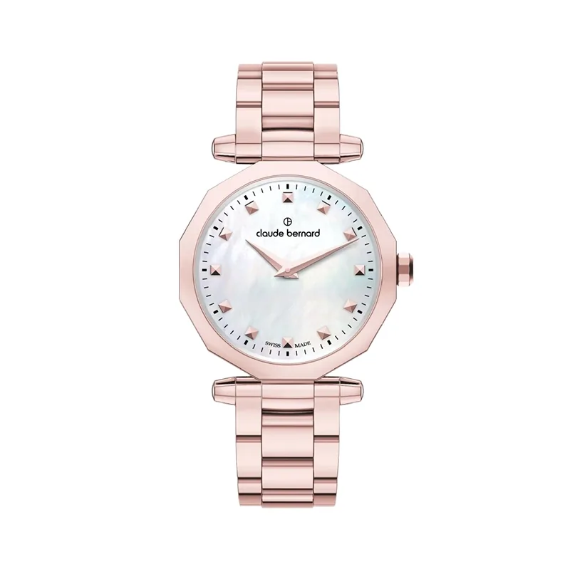 Reloj Claude bernard analogo, para Dama, tablero redondo colores blanco y rosa, estilo puntos, pulso acero color rosa