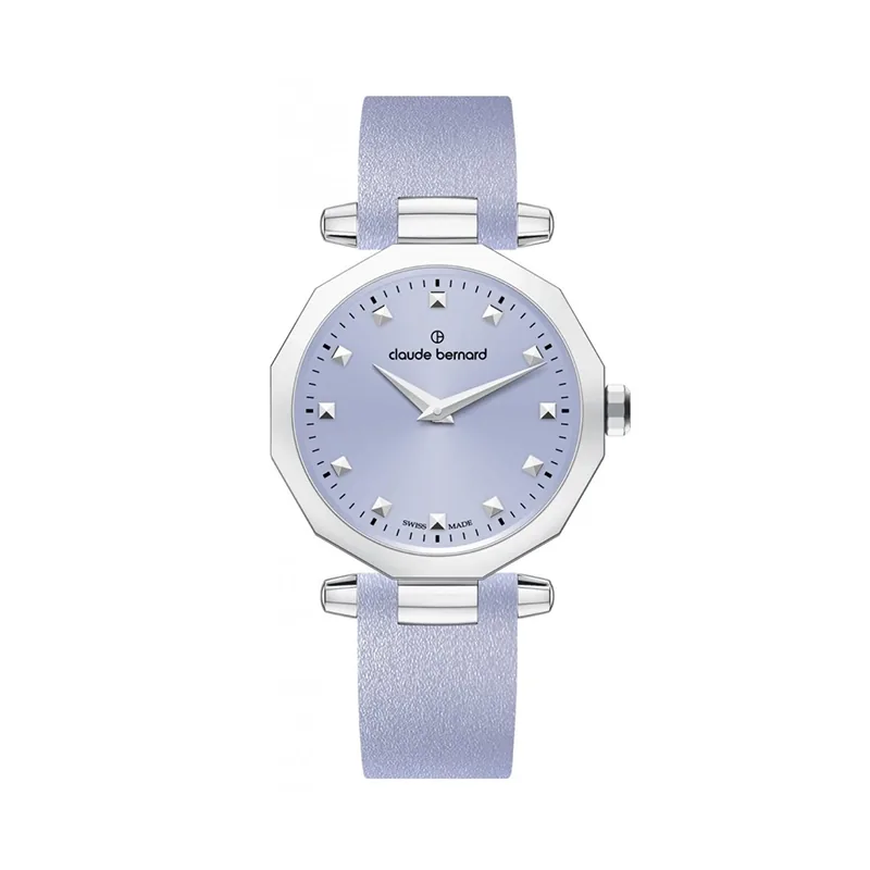 Reloj Claude bernard analogo, para Dama, tablero redondo color morado, estilo puntos, pulso cuero color morado