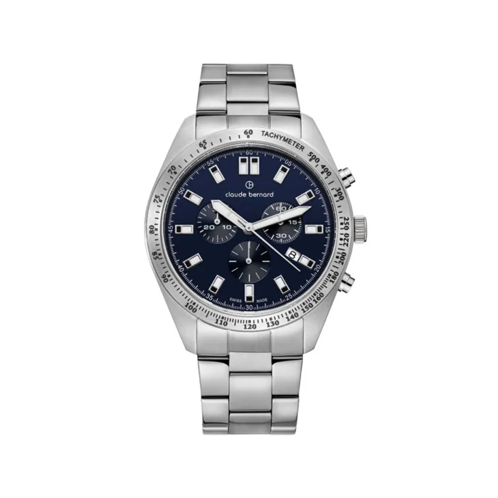 Reloj Claude bernard analogo, para Hombre, tablero redondo color azul, estilo index, pulso acero color plateado, calendario, cronografo