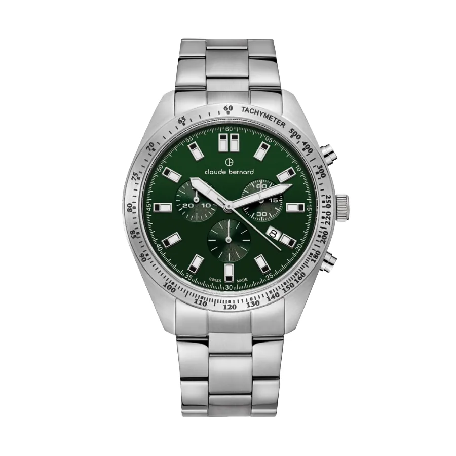 Reloj Claude bernard analogo, para Hombre, tablero redondo color verde, estilo index, pulso acero color plateado, calendario, cronografo