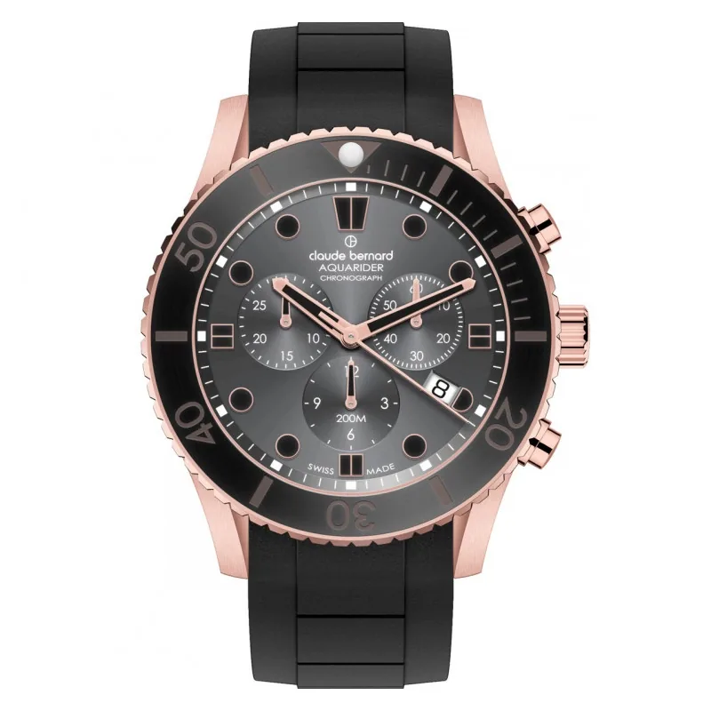 Reloj Claude bernard analogo, para Hombre, tablero redondo colores gris y rosa, estilo index + puntos, pulso silicona color negro, calendario, cronografo