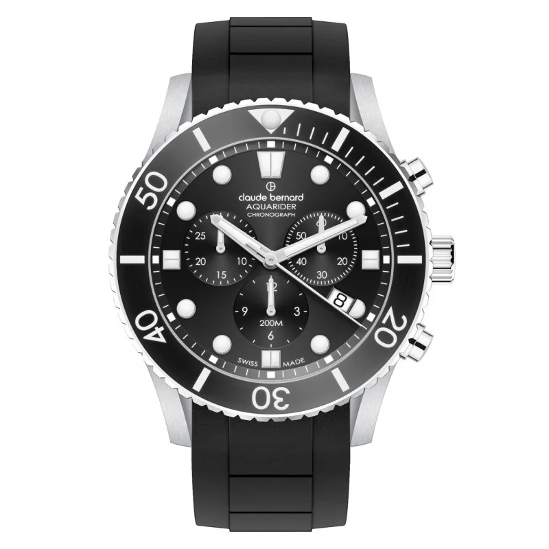 Reloj Claude bernard analogo, para Hombre, tablero redondo colores negro y blanco, estilo index, pulso silicona color negro, calendario, cronografo