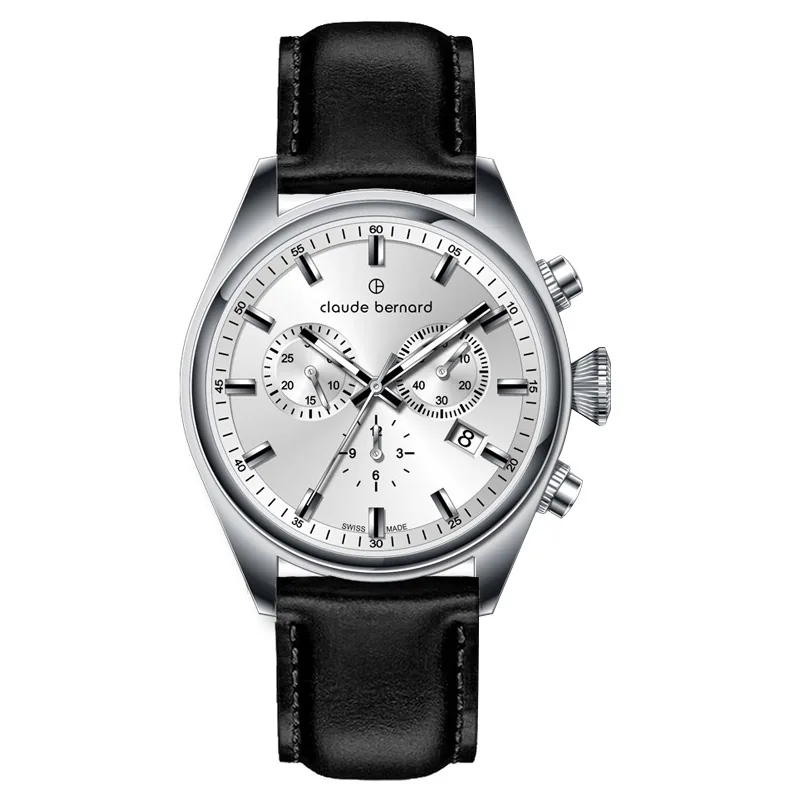 Reloj Claude bernard analogo, para Hombre, tablero redondo color plateado, estilo index, pulso cuero color negro, calendario, cronografo