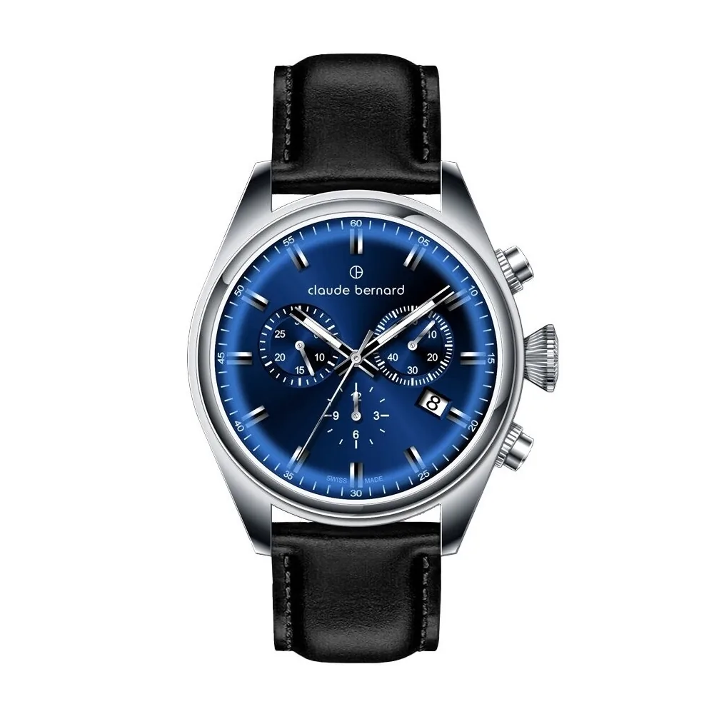 Reloj Claude bernard analogo, para Hombre, tablero redondo color azul, estilo index, pulso cuero color negro, calendario, cronografo