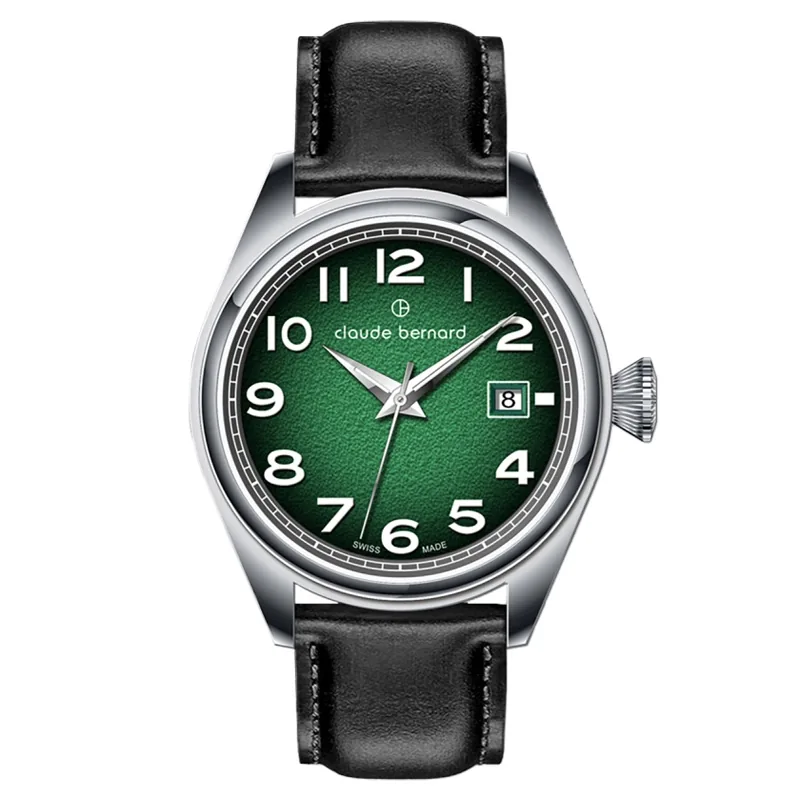 Reloj Claude bernard analogo, para Hombre, tablero redondo color verde, estilo arabigos, pulso cuero color negro, calendario