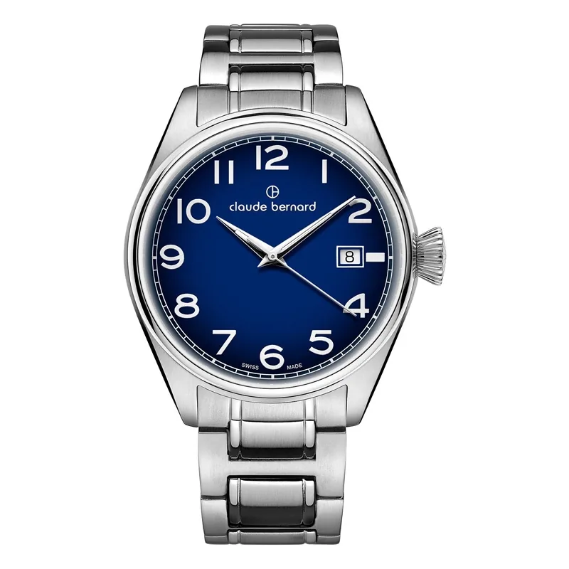 Reloj Claude bernard analogo, para Hombre, tablero redondo color azul, estilo arabigos, pulso acero color plateado, calendario